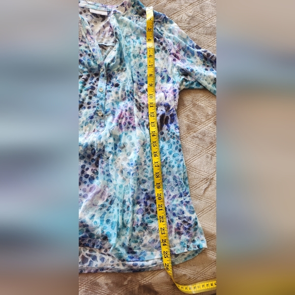 C&A Canda Premium Blue Green Blouse Sheer Lightweight Colorful 3/4 sleeves tab - Picture 15 of 15